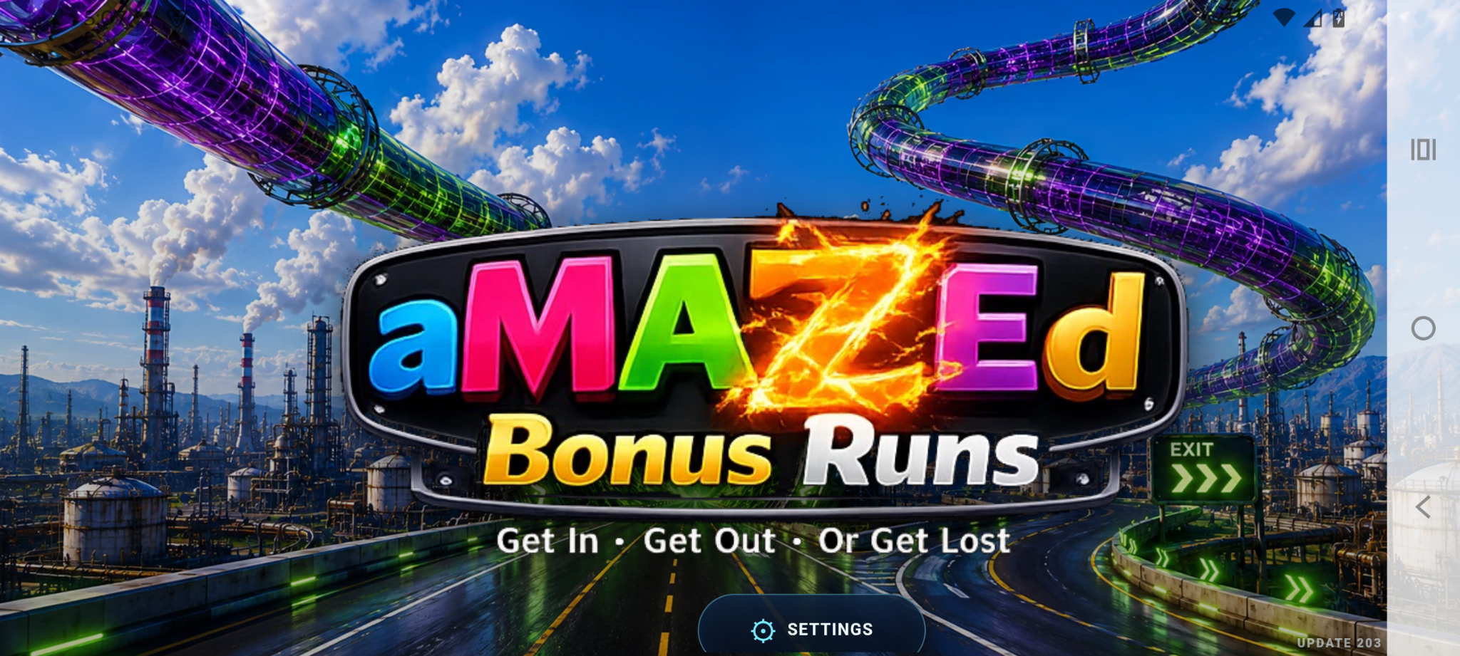 aMAZEd Bonus Runs title screen over a futuristic refinery race course with glowing pipes