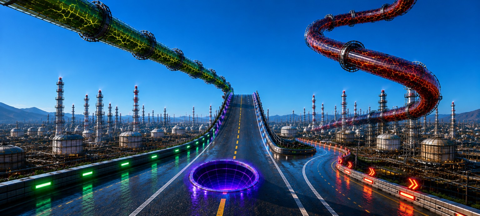 Futuristic aMAZEd Bonus Runs industrial route with elevated glowing pipes, a wet road ramp and a purple route opening